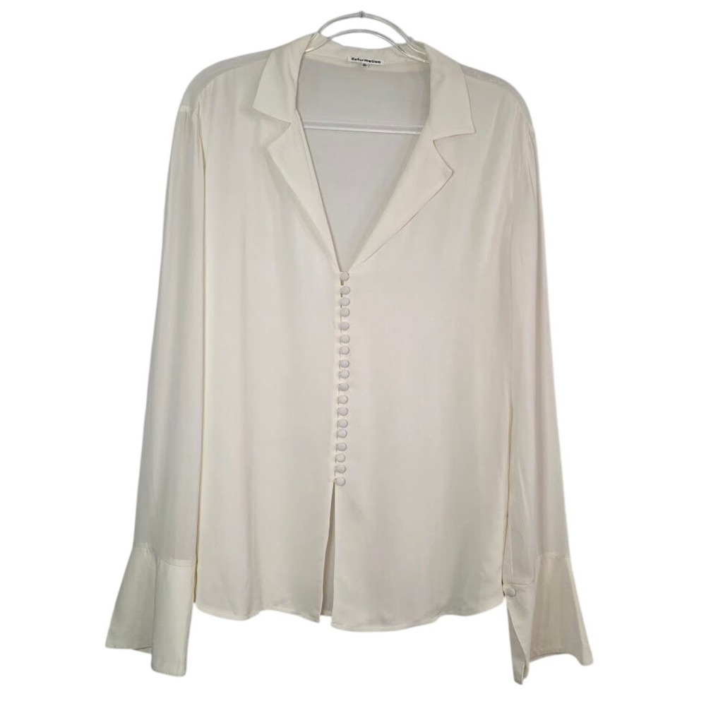 Reformation‎ XL Ivory White Viscose V-Neck Button Front Blouse Long Sleeve Cuff